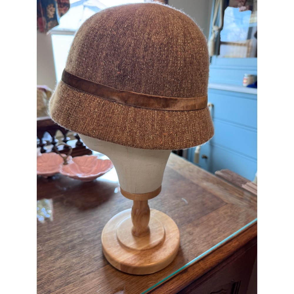 August Hat Company Brown Gold Lurex Wool Blend Cloche Hat Velvet Bow Accent - Picture 3 of 7